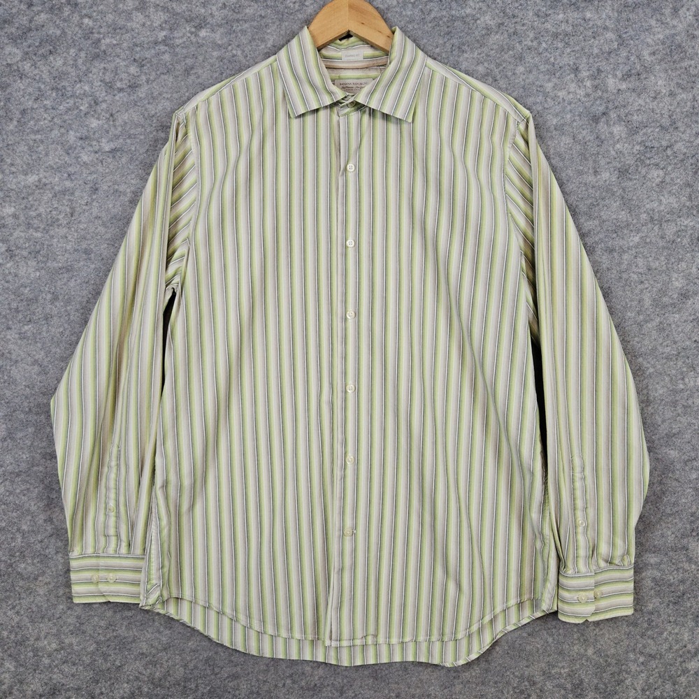 Banana Republic Men's Green/Beige Striped Dress Shirt Size L Classic Fit Preppy